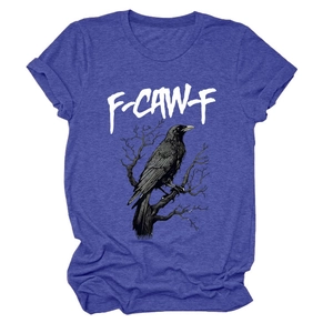 Detailed close-up of eagle print and F-CAW-F lettering on heather purple t-shirt
