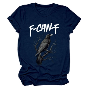 Detail of the navy blue crew neck t-shirt featuring a vintage eagle print and lettering