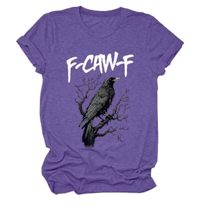 Detail of raven print and F-CAW-F graphic on purple short sleeve cotton T-shirt