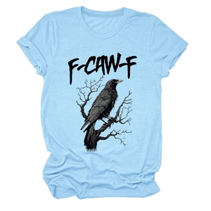Light blue crew neck t-shirt featuring black eagle print and F-CAW-F artistic lettering