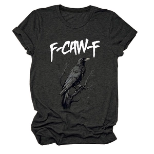 Close-up of eagle print and F-CAW-F lettering on dark gray cotton short sleeve t-shirt