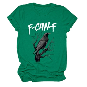 Close-up of eagle print on dark green cotton t-shirt with F-CAW-F artistic lettering