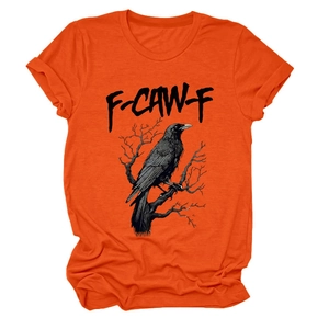 Detail of the high-quality eagle raven print and cotton texture on the orange t-shirt