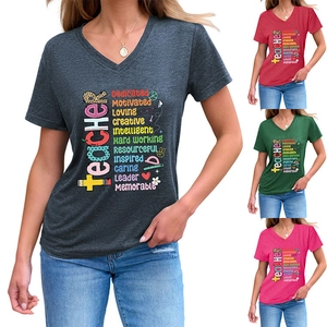 Détails de quatre options de couleur pour t-shirts enseignant col V pour femmes