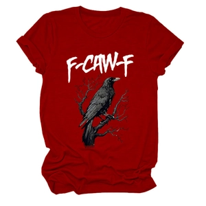 Detail of raven print and white lettering on burgundy crew neck cotton t-shirt
