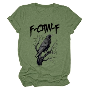Detail of green eagle print T-shirt with F-CAW-F graphic and crew neck finish