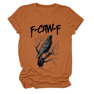 Detail of the crow graphic and F-CAW-F print on the caramel cotton-blend t-shirt