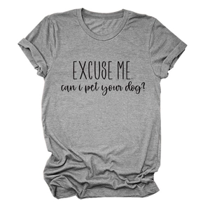 Detail of grey crew neck t-shirt featuring Excuse Me Can I Pet Your Dog black print