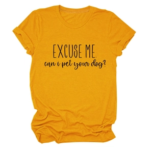 Detail of mustard yellow cotton T-shirt featuring Excuse me can i pet your dog text print