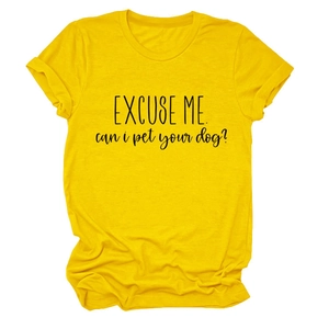 Close-up of Excuse Me Can I Pet Your Dog print on a bright yellow cotton t-shirt