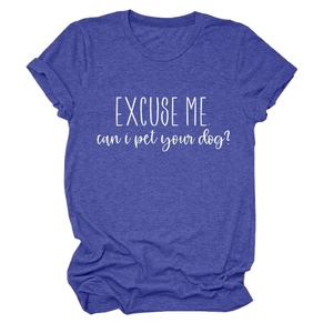 Detail of rolled sleeves and printed dog quote on this navy blue cotton t-shirt