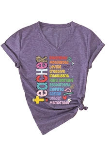 Détails du t-shirt col V sur le thème des enseignants avec graphiques colorés