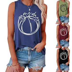 Débardeur Femme Mélange De Coton Sans Manches Col Rond Ample Décontracté Basketball Imprimé Game Day Gilet Nœud Latéral
