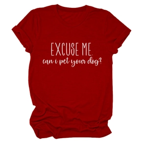 Detail of red crew neck cotton T-shirt featuring 'EXCUSE ME can i pet your dog' text