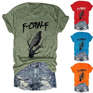 Women T-Shirt Cotton Blend Round Neck Short Sleeve Crow Raven Graphic Print Letter Streetwear Casual Top