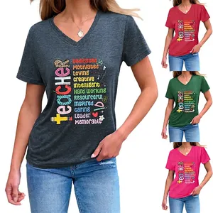 T-Shirt Enseignant Femme Col En V Manches Courtes Mélange De Coton Haut Imprimé Décontracté Cadeau Appréciation