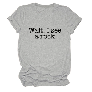 Detail of grey crew neck T-shirt featuring Wait I See A Rock black letter print
