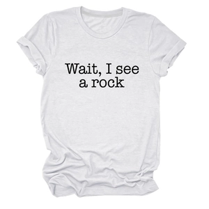 Detail of white cotton crewneck t-shirt with Wait I See A Rock printed graphic