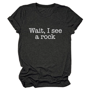 Detail of crew neck t-shirt with Wait I see a rock print on dark heather grey fabric