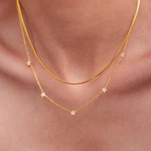 Stainless Steel Double Layer Necklace Flat Herringbone Snake Chain Star Zircon Pendants Elegant Minimalist Jewelry For Women