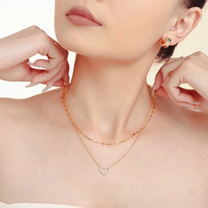 Parure collier double rang pendentif cœur plaqué or 18K et boucles d'oreilles créoles