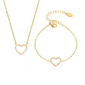 Parure de bijoux en acier doré avec collier et bracelet cœur sertis de zircons brillants