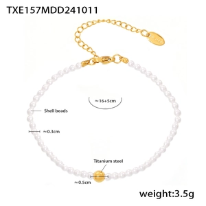 Detail view of Baroque shell bead bracelet with gold titanium steel ball and 16+5cm chain