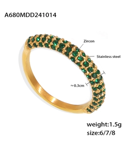 Détail macro de la bague en acier doré avec pavage de pierres de zircon vert