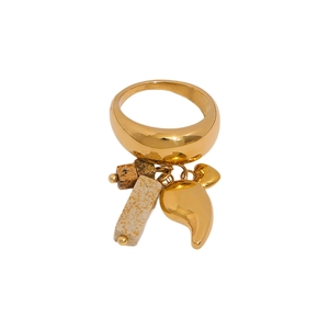 Anello in acciaio inossidabile PVD oro con nappe in pietra, cuore e ciondoli irregolari