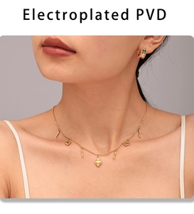 Detail of PVD gold plated heart pendant necklace and colorful zircon hoop earrings on model