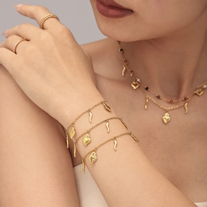 18K gold plated stainless steel multi-layer necklace and bracelet set with heart charms