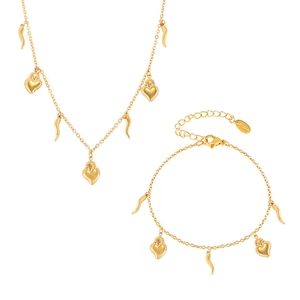 Gold plated stainless steel jewelry set with heart and horn pendants including necklace