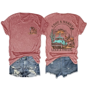 Λεπτομέρεια vintage t-shirt σε κεραμιδί χρώμα με τύπωμα φορτηγού από την Αμερικανική Δύση