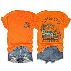 Μπροστινή και πίσω όψη πορτοκαλί t-shirt με vintage εκτυπώσεις φορτηγού και αλόγου