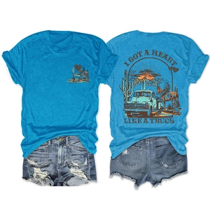 Φωτεινό μπλε Western T-shirt με vintage φορτηγό και τύπωμα ερήμου στην πλάτη