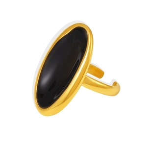 Minimalist gold-plated stainless steel ring with a large oval black enamel centerpiece