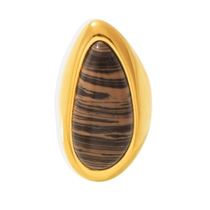 Teardrop ring with natural wood grain stone in 18K gold plated minimalist setting