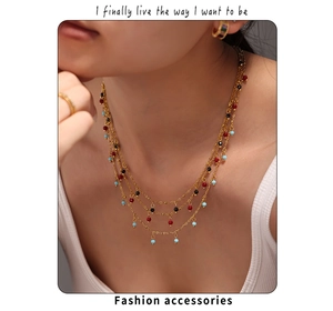 Three-layer 18K gold plated stainless steel necklace with red and turquoise beads