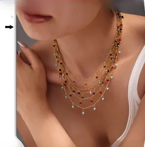 Macro detail of multi-layered gold necklace with colorful beads on a model's neck