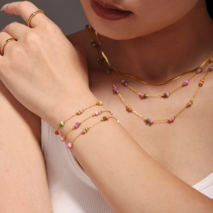 Ensemble collier et bracelet double épaisseur en acier inoxydable avec pierres naturelles