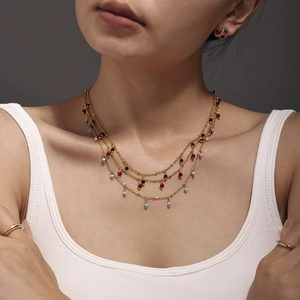 Gold Plated Stainless Steel Natural Stone Beaded Necklace For Women Bohemian Tiny Amazonite Lapis Garnet Choker Jewelry