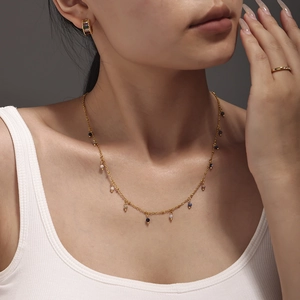 Handmade 18K gold plated double layer necklace featuring colorful natural stone beads