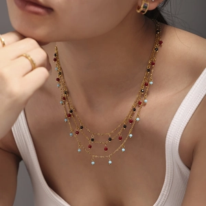 Three-layer 18K gold plated stainless steel necklace featuring colorful natural stone beads