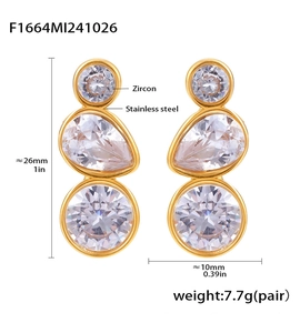 Detailed size specifications for gold stainless steel drop earrings with clear zircon stones
