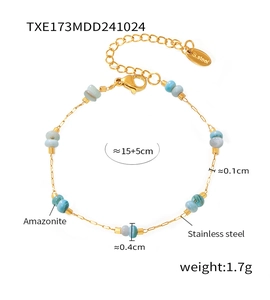 Detailed view of Amazonite beaded bracelet with stainless steel gold chain and lobster clasp