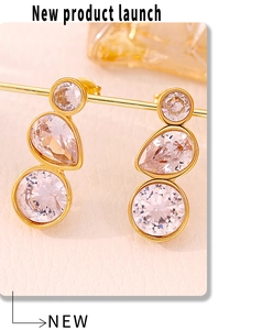Close-up of 18K gold plated drop earrings featuring three clear zircon stones vertically aligned