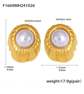 Detailed view of 18k gold plated threaded stainless steel earrings with imitation pearl