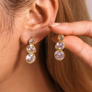 Stainless Steel Zircon Drop Earrings 18K Gold Plated Geometric Water Drop Three Stone Minimalist Jewelry For Women