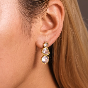 Elegant 18K gold plated stainless steel long earrings with three vertical zircons