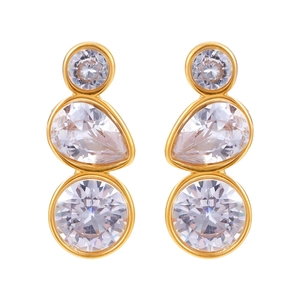 Minimalist long drop earrings in 18K gold plated stainless steel with clear zircons